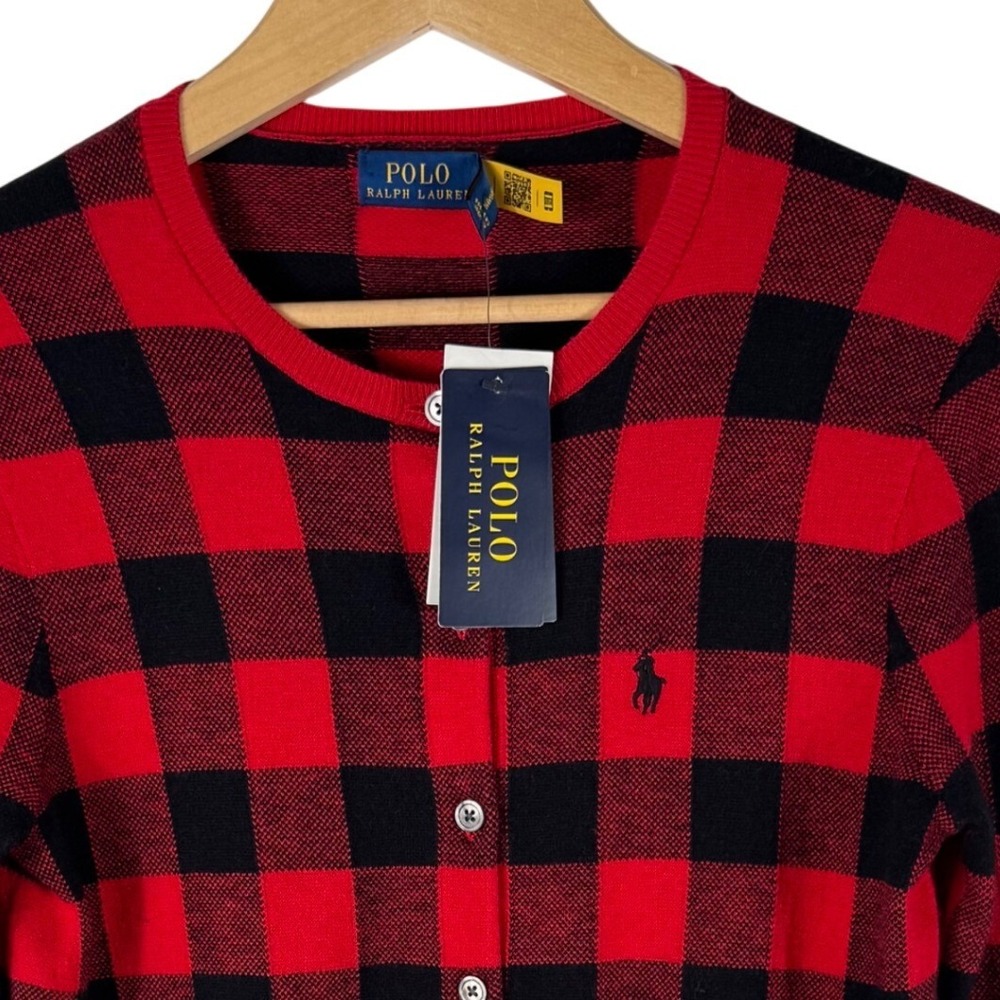 Polo Ralph Lauren Red Black Buffalo Plaid Cotton Wool Cardigan Sweater NWT Small
